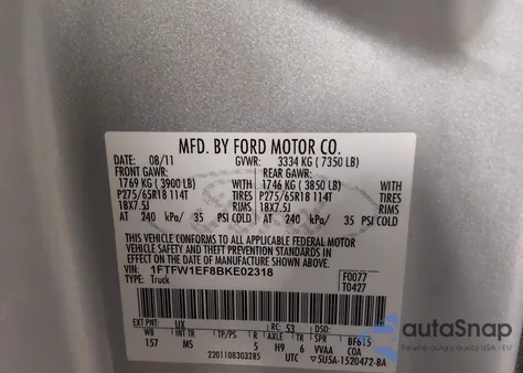 2011 Ford F-150 Xlt z USA, uszkodzony, nr VIN 1FTFW1EF8BKE02318